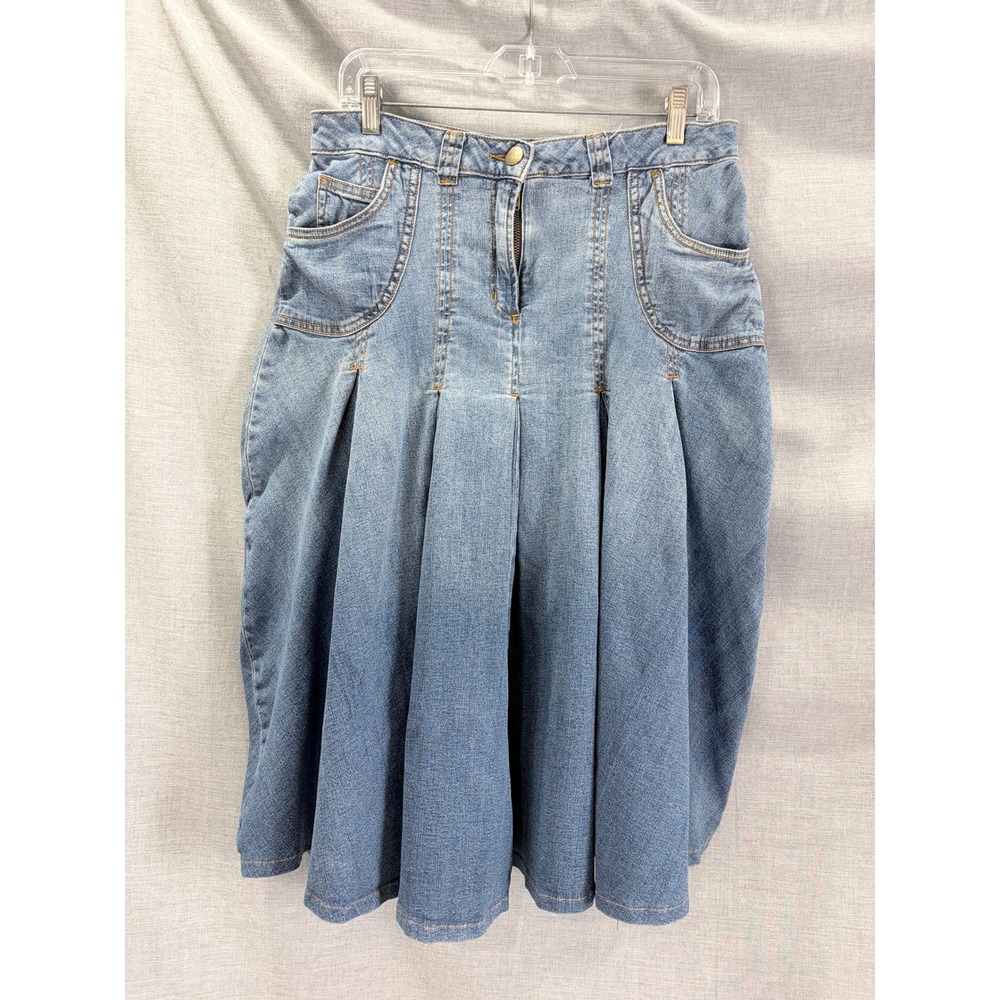 Soft‎ Surroundings Pleated Denim Midi Skirt Blue PM Petite Casual Boho Cocoon